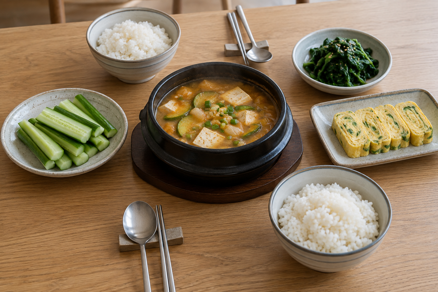 된장찌개에 밥과 달걀말이, 시금치나물, 생오이를 곁들인 두 사람 밥상