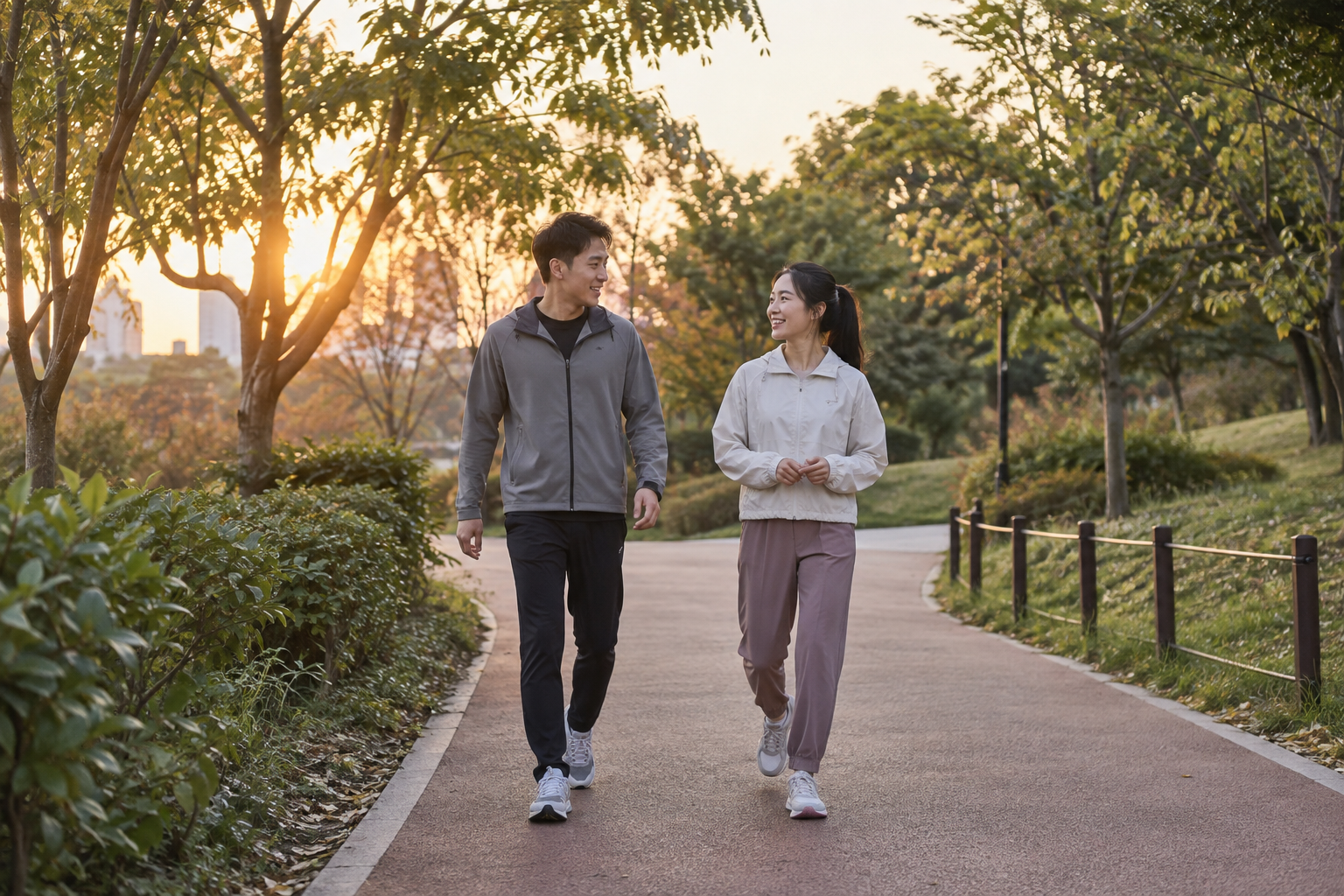 동네 공원 길에서 나란히 걸으며 대화하는 두 사람