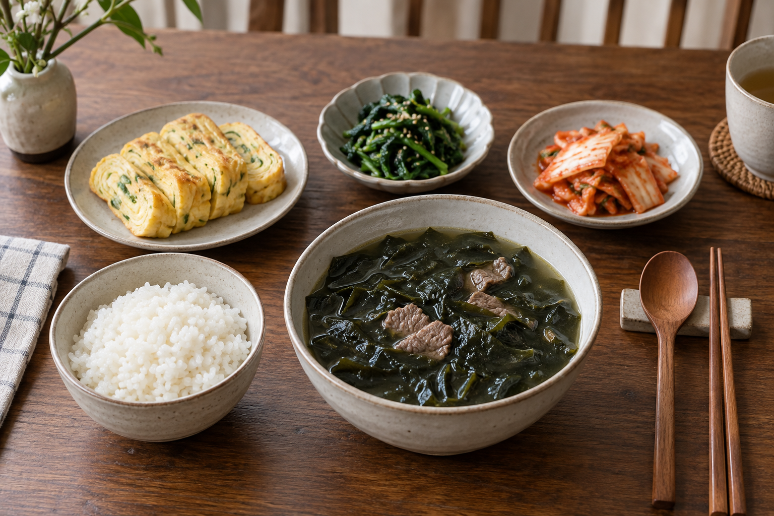 미역국과 밥에 계란말이, 나물, 김치를 곁들인 한식 밥상