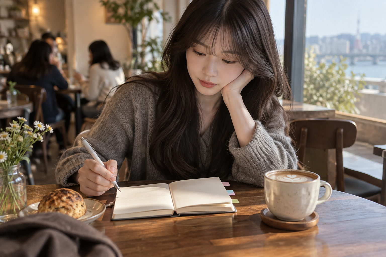 카페에서 색깔 탭이 붙은 작은 수첩에 메모하는 여성