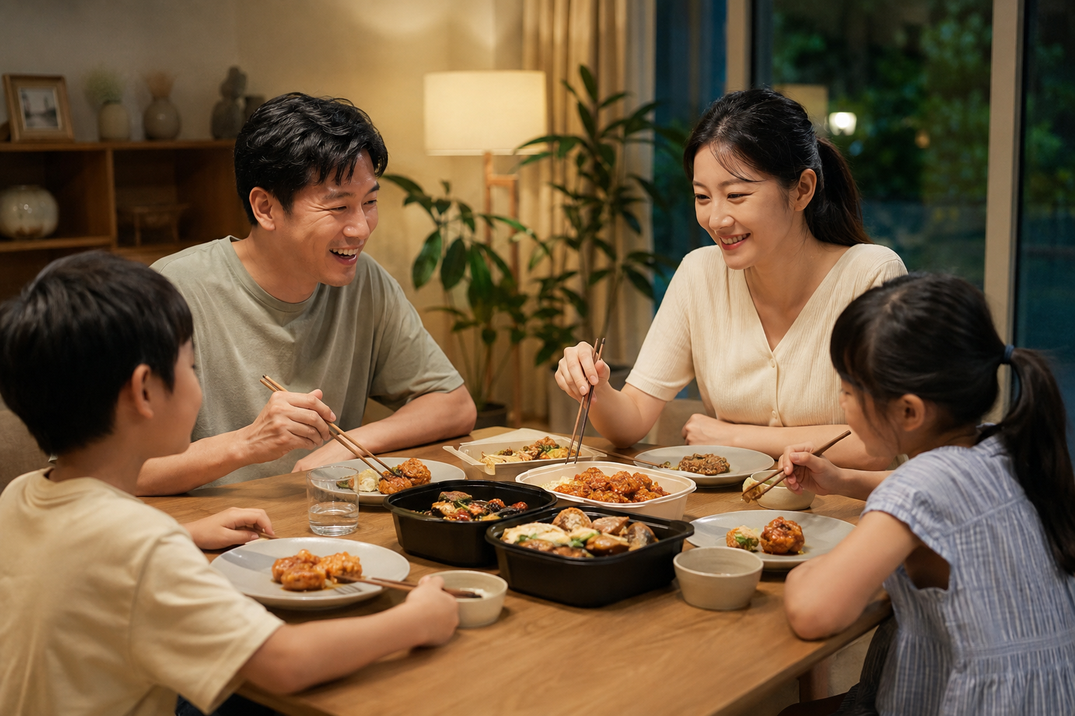 개인 접시에 음식을 덜어 함께 식사하는 네 명의 가족