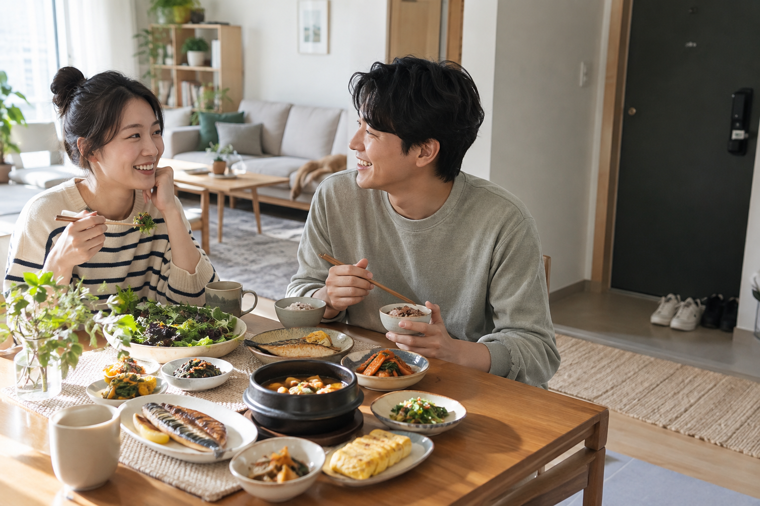 주말에 균형 잡힌 식사를 함께 즐기는 한국인 성인들