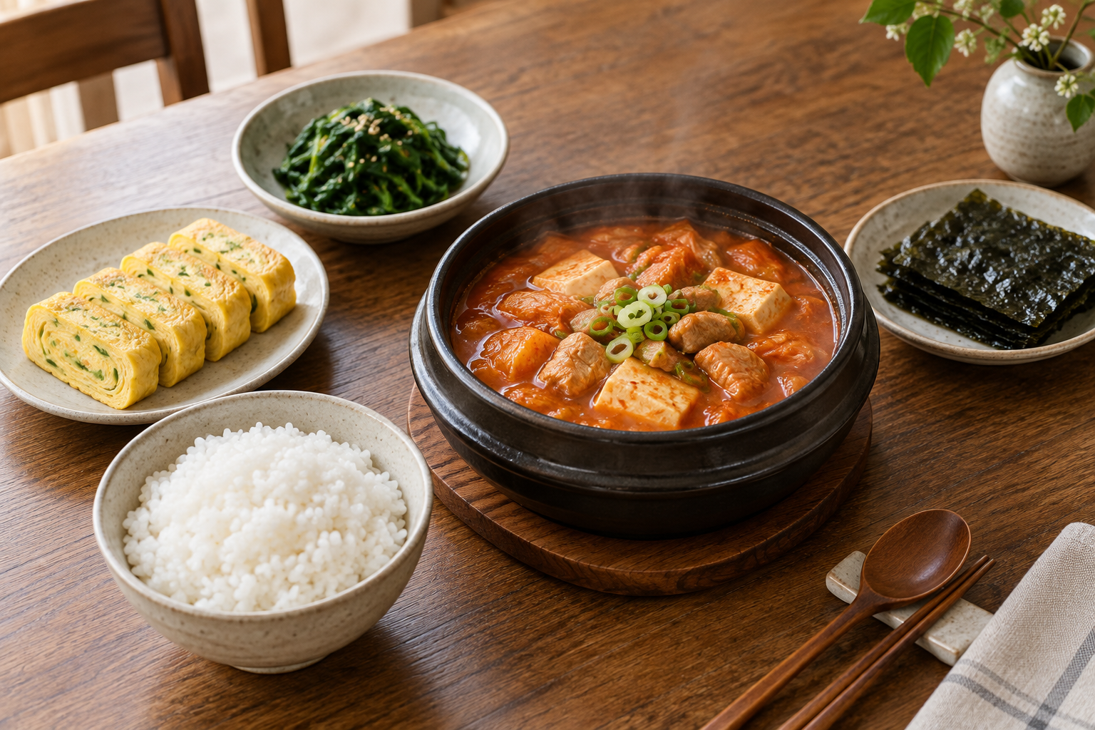 김치찌개와 밥, 계란말이, 나물, 김으로 차린 상차림