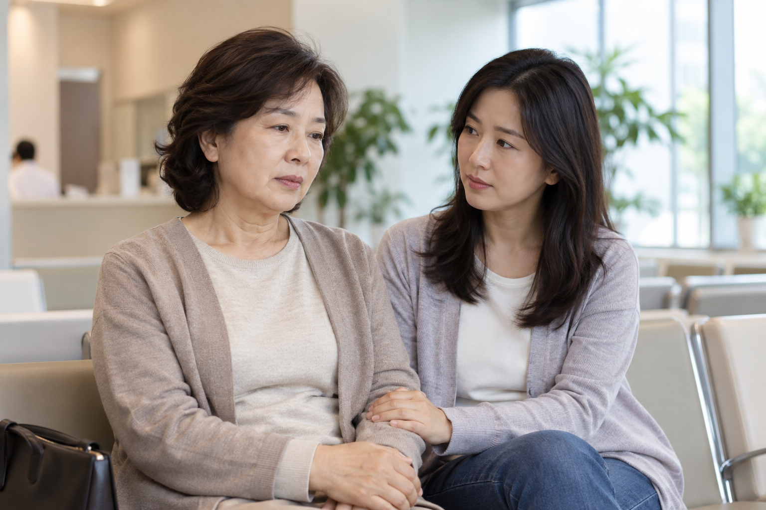 진료 대기실에서 중년 여성의 팔을 잡고 곁을 지키는 젊은 여성