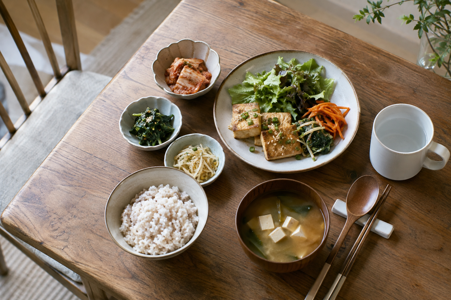 밥과 두부, 채소, 국이 놓인 한식 식탁