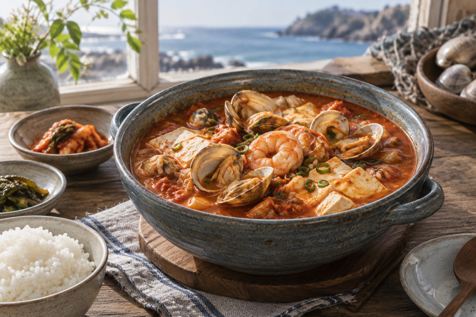입이 열린 바지락과 새우, 순두부가 담긴 해물 순두부찌개