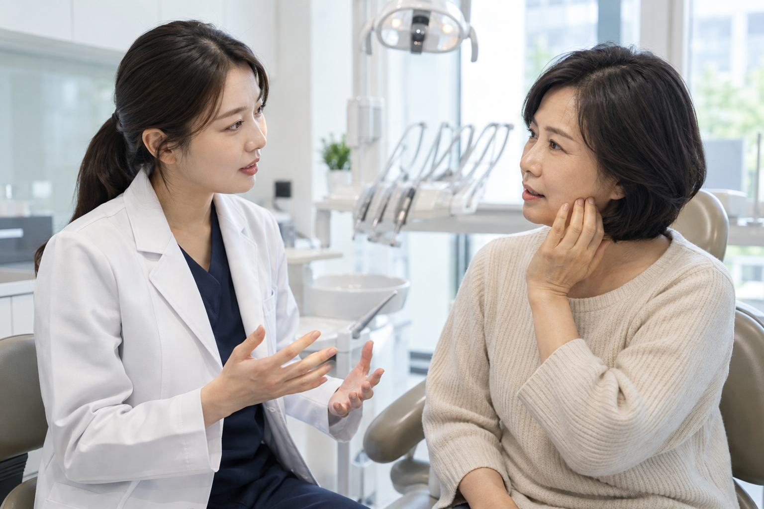 치과 진료실에서 입안 증상을 상담하는 여성과 치과의사