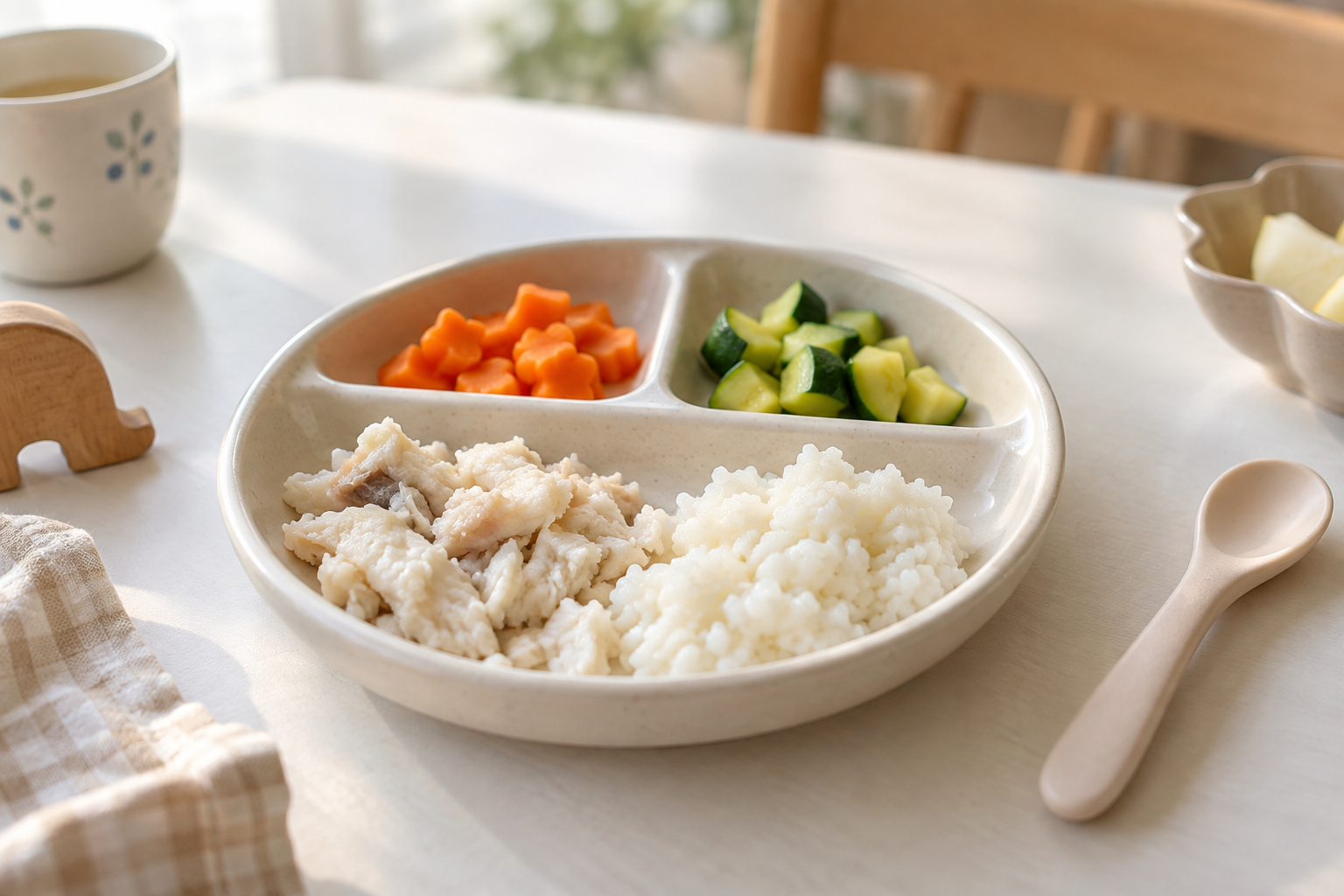 잘게 나눈 익힌 흰살 생선과 밥, 채소를 담은 어린이 식판