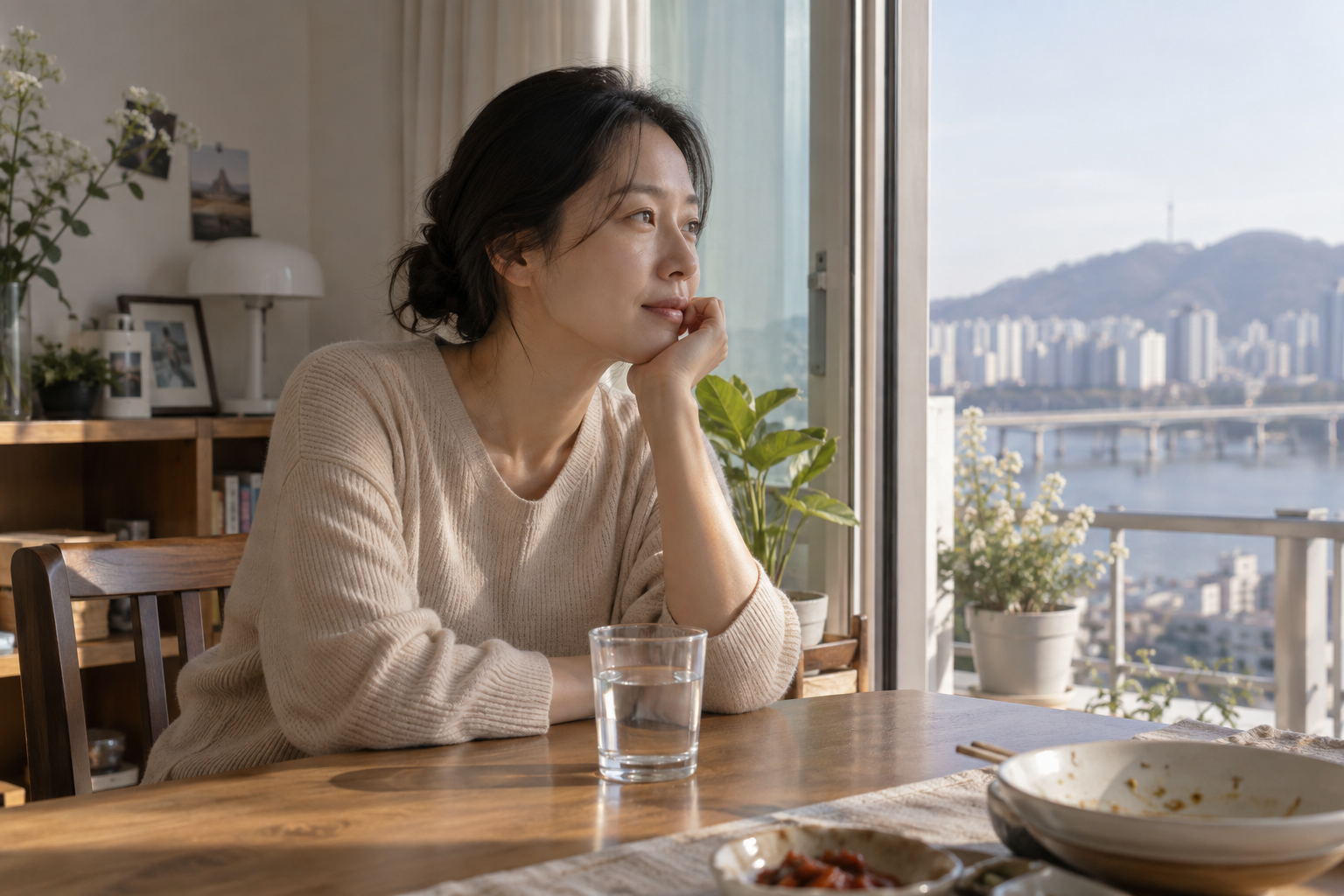 식사를 마친 뒤 물잔이 놓인 창가 식탁에서 쉬는 여성