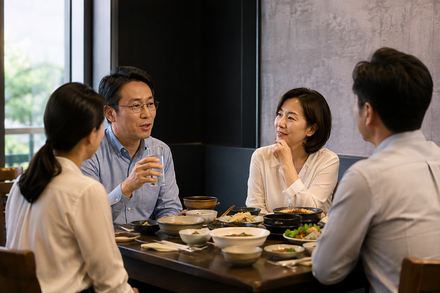 동료들과 식사하며 물잔을 들고 대화하는 직장인