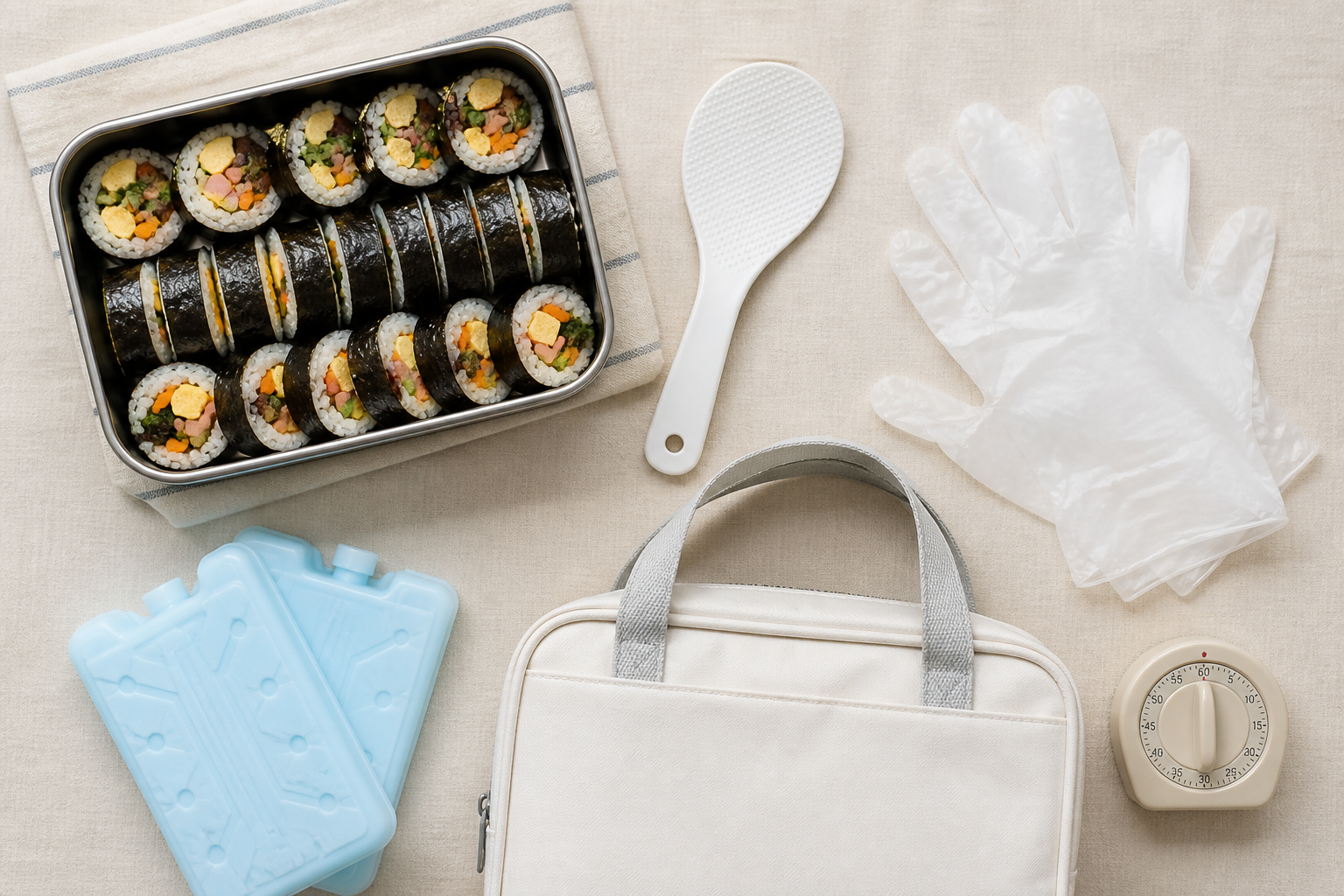 김밥 도시락과 장갑, 아이스팩, 보냉 가방을 정리한 모습