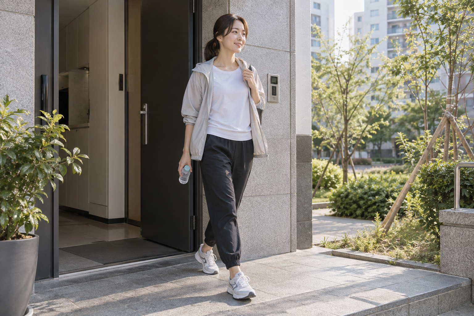 짧은 산책을 위해 물병을 들고 집을 나서는 여성