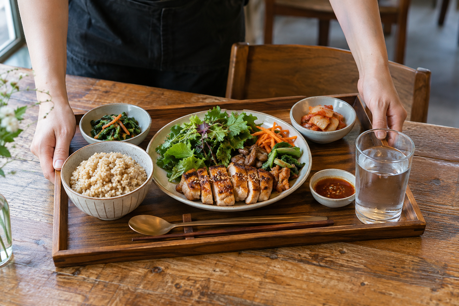 밥과 닭고기, 채소, 별도 소스와 물을 갖춘 점심 쟁반