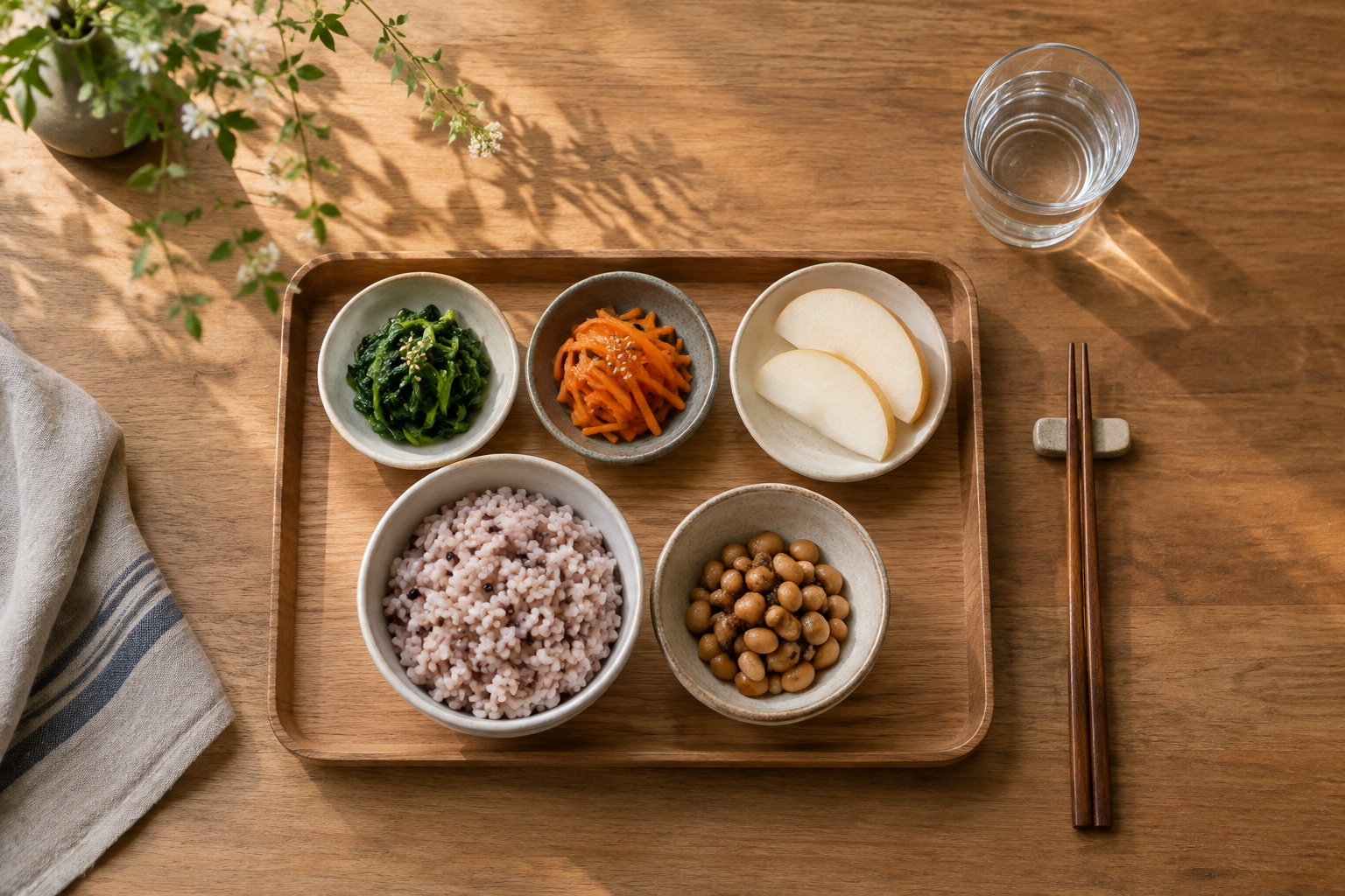잡곡밥과 익힌 콩, 채소 반찬, 배와 물을 차린 한 끼 식사