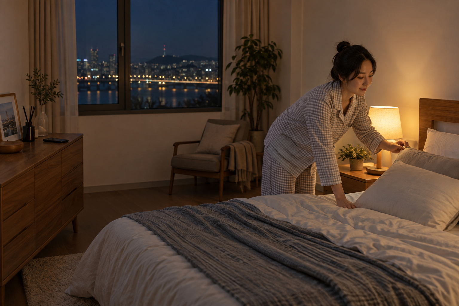 휴대전화를 서랍장에 두고 밤에 침구를 정돈하는 여성