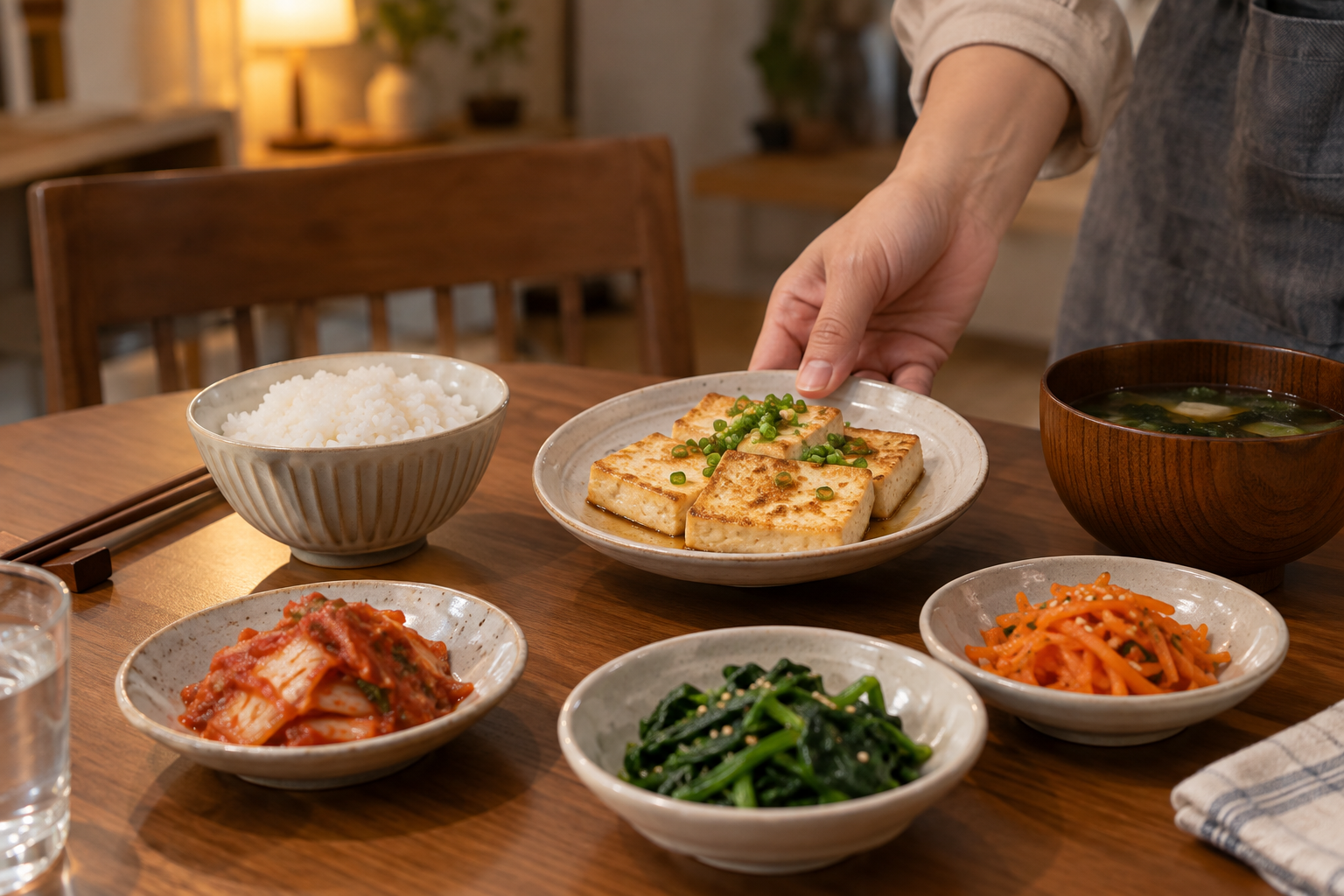 밥과 채소 반찬이 놓인 식탁에 두부구이를 더하는 손