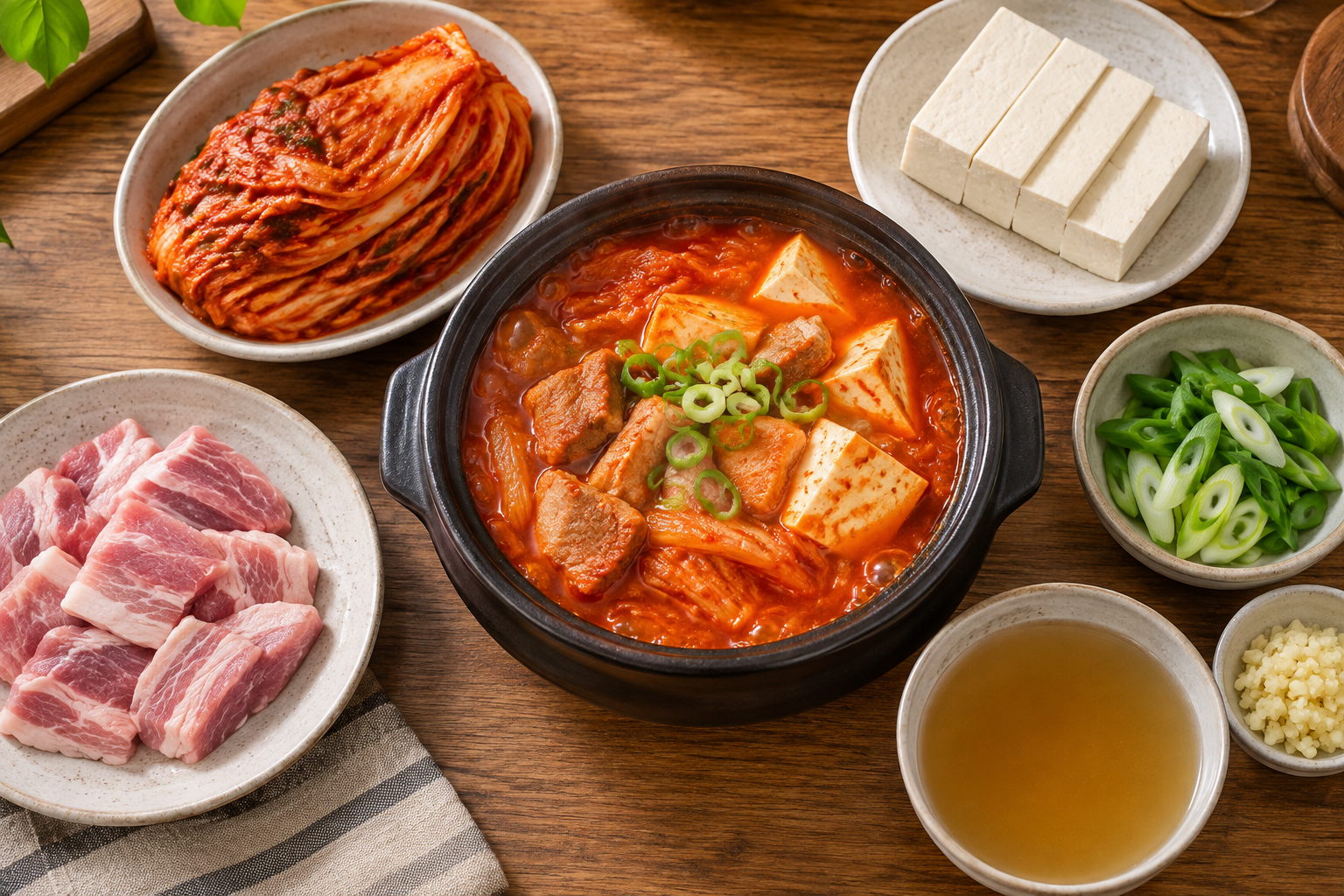 완성된 김치찌개와 김치, 돼지고기, 두부, 향채 재료