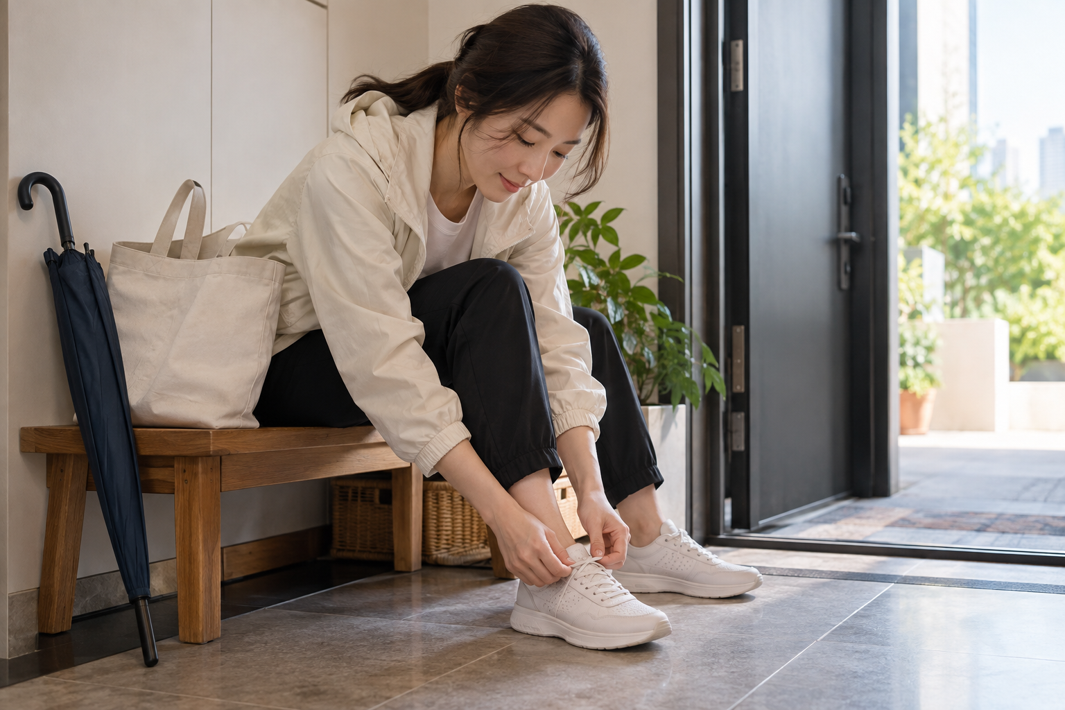 현관 벤치에 앉아 걷기 편한 신발의 끈을 묶는 사람