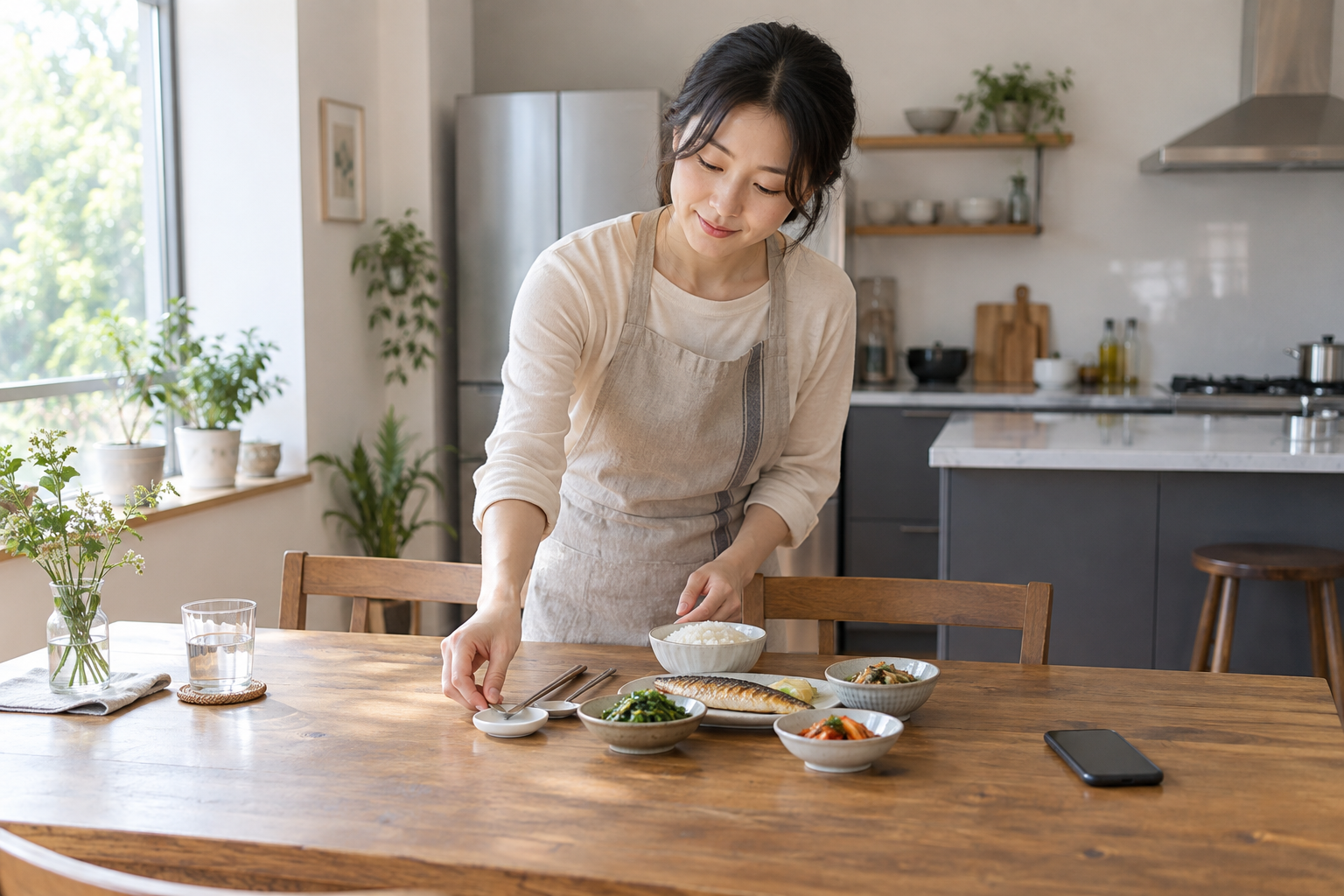 휴대폰을 옆에 두고 식탁의 밥그릇과 수저 받침을 정돈하는 여성