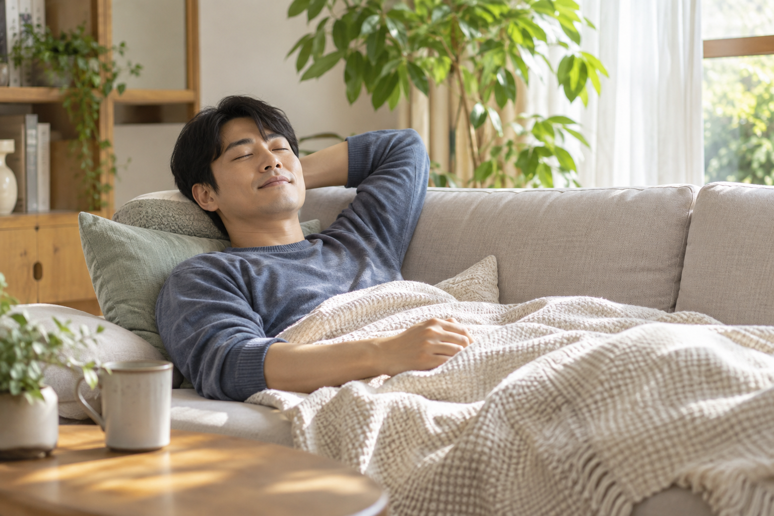 햇살이 드는 거실 소파에서 담요를 덮고 눈을 감은 남성
