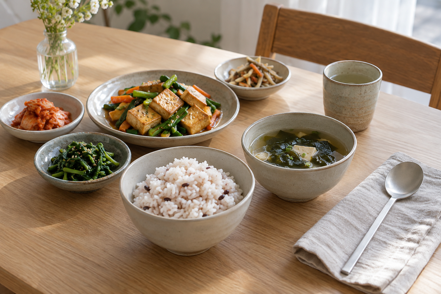 밥과 두부, 채소 반찬, 국을 차린 일상의 한 끼