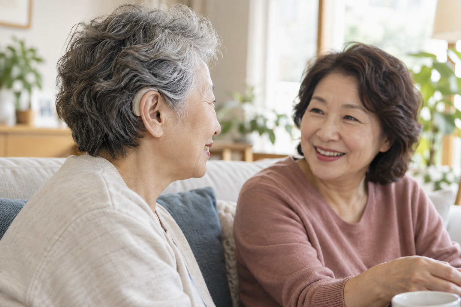 귀 뒤 보청기를 착용하고 지인과 대화하는 노년 여성