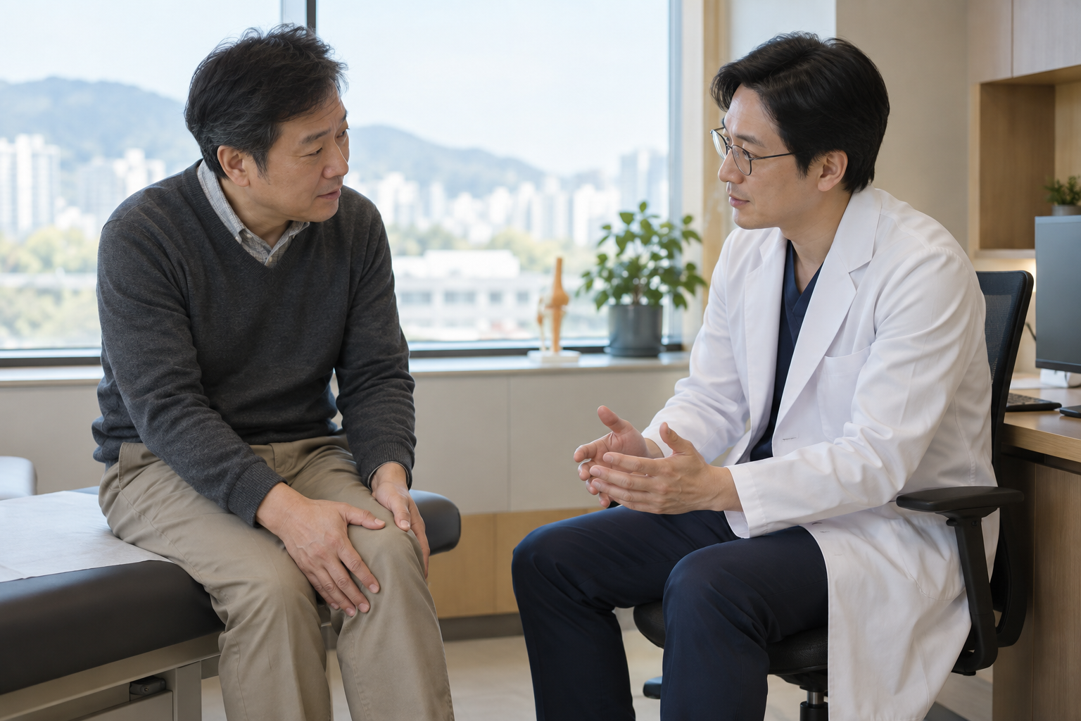 진료실에서 의사와 무릎 증상을 상담하는 환자