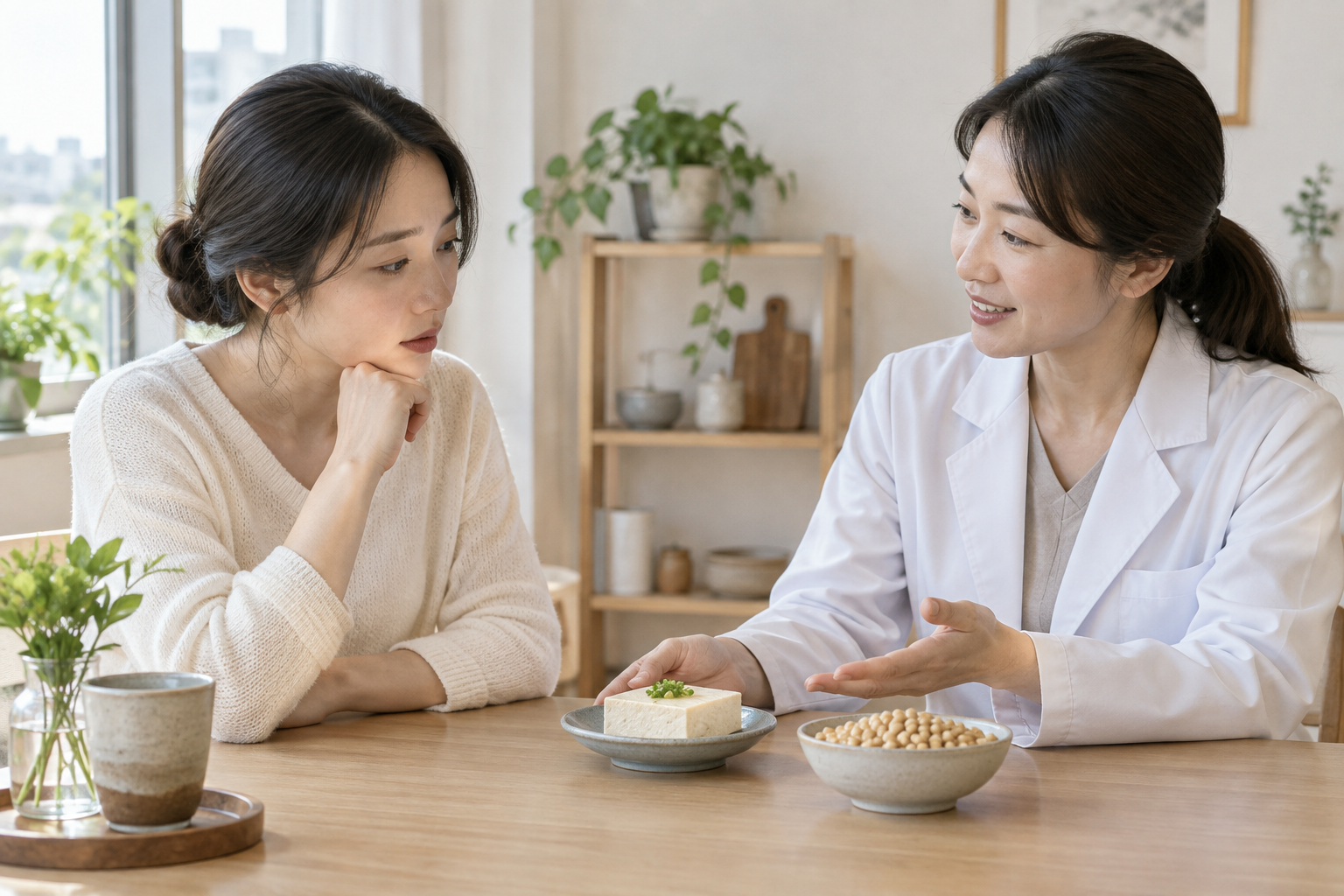 두부와 콩을 앞에 두고 식사에 관해 상담하는 한국인 성인과 영양 전문가