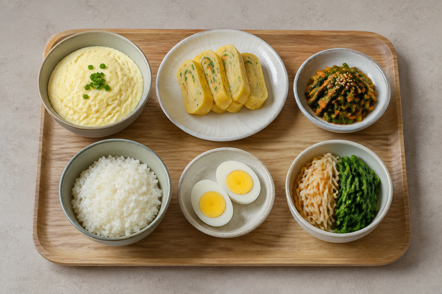 달걀찜과 달걀말이, 완숙 달걀을 밥과 채소 반찬에 곁들인 한 상