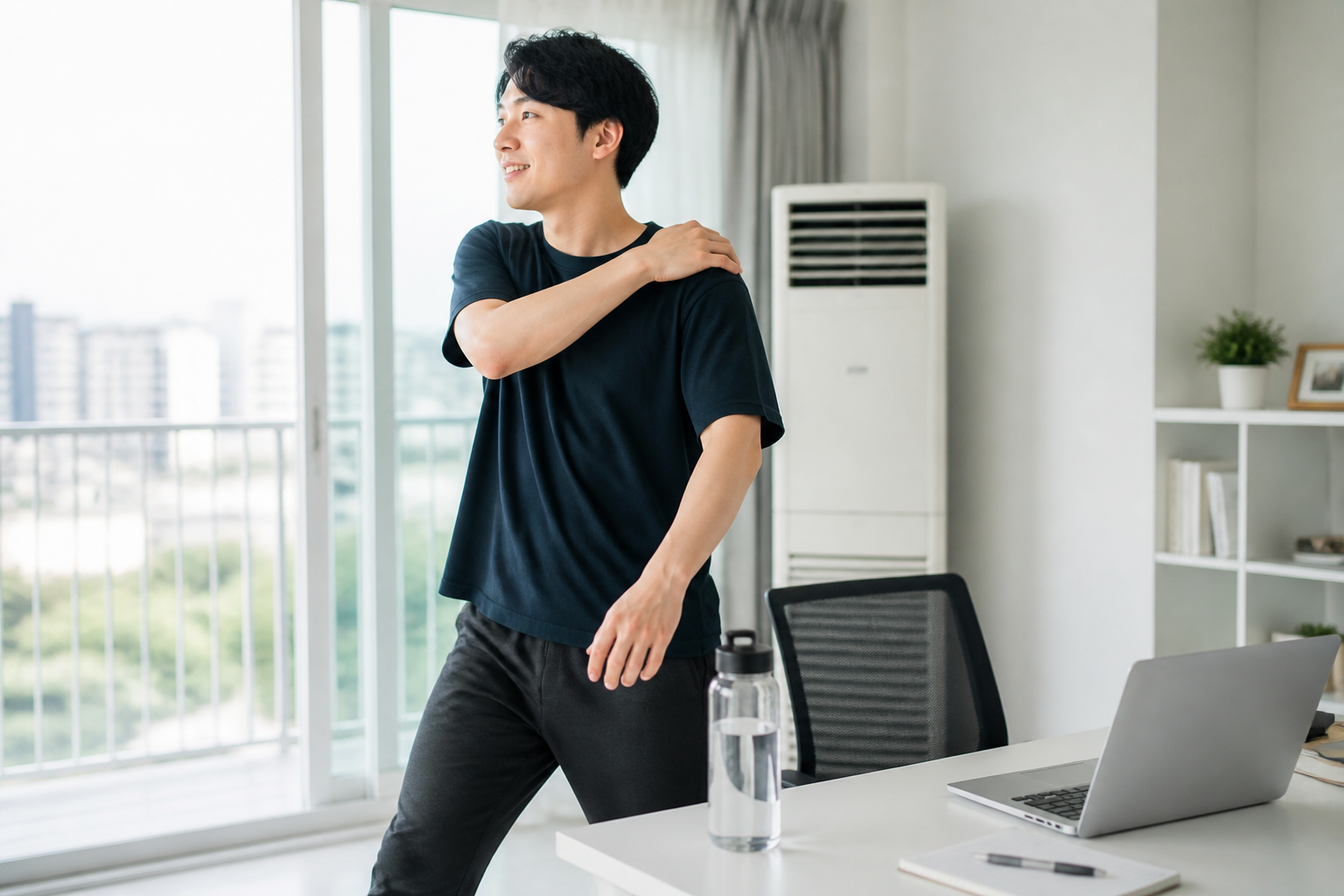 물병과 운동 매트를 준비하고 집에서 활동 습관을 실천하는 한국인
