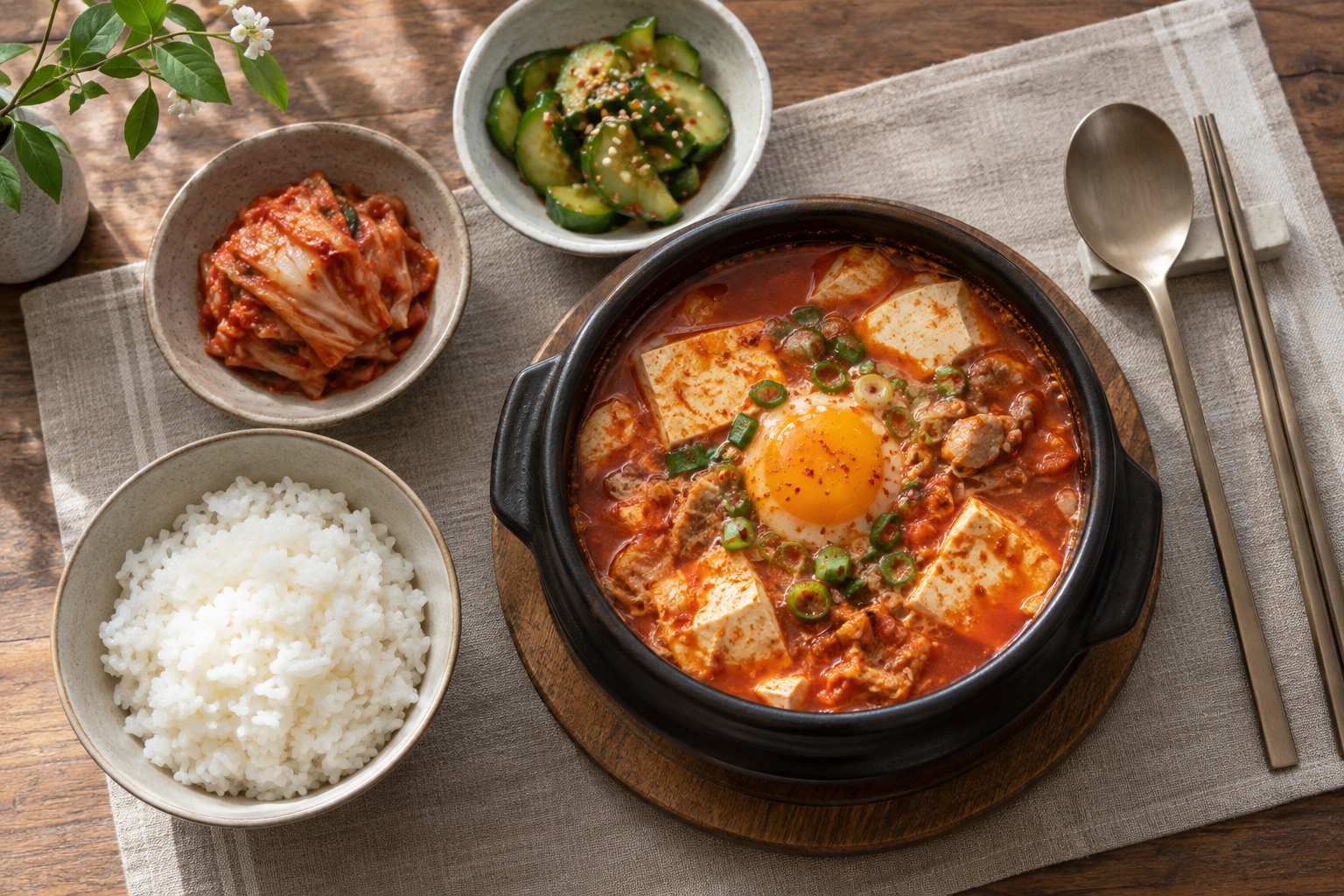 순두부찌개와 흰밥, 김치, 오이 반찬으로 차린 한 상
