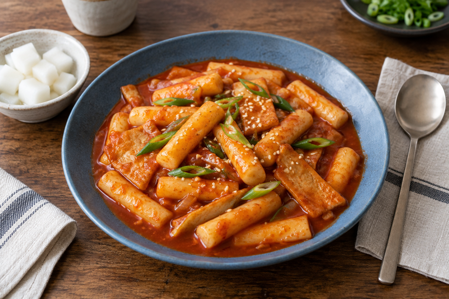 푸른 접시에 담고 대파와 깨를 곁들인 완성된 떡볶이