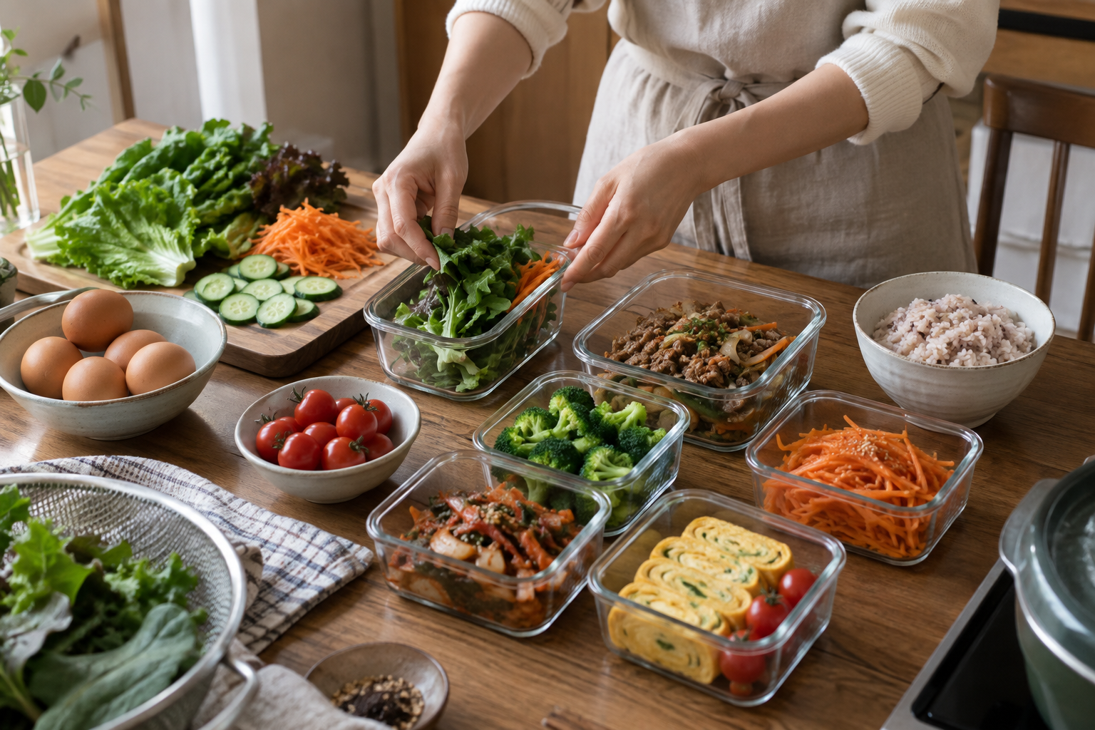 채소와 달걀, 밥을 준비하고 반찬을 유리 용기에 나누어 담는 모습