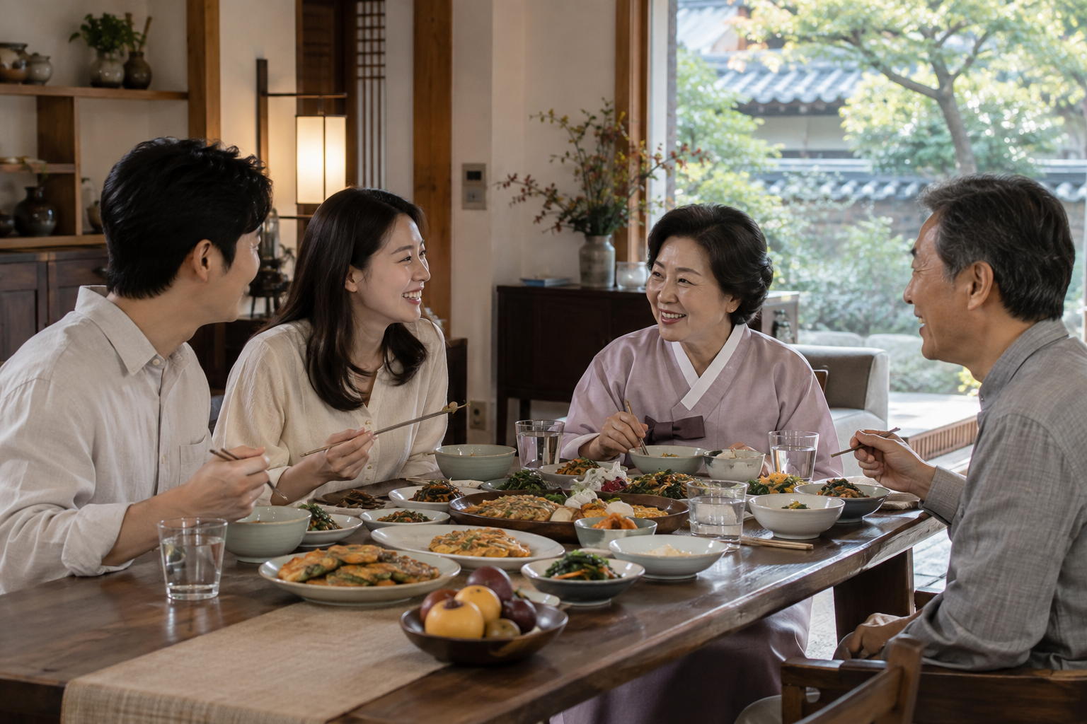 개인 접시와 물잔을 놓고 추석 식탁에서 대화하는 가족