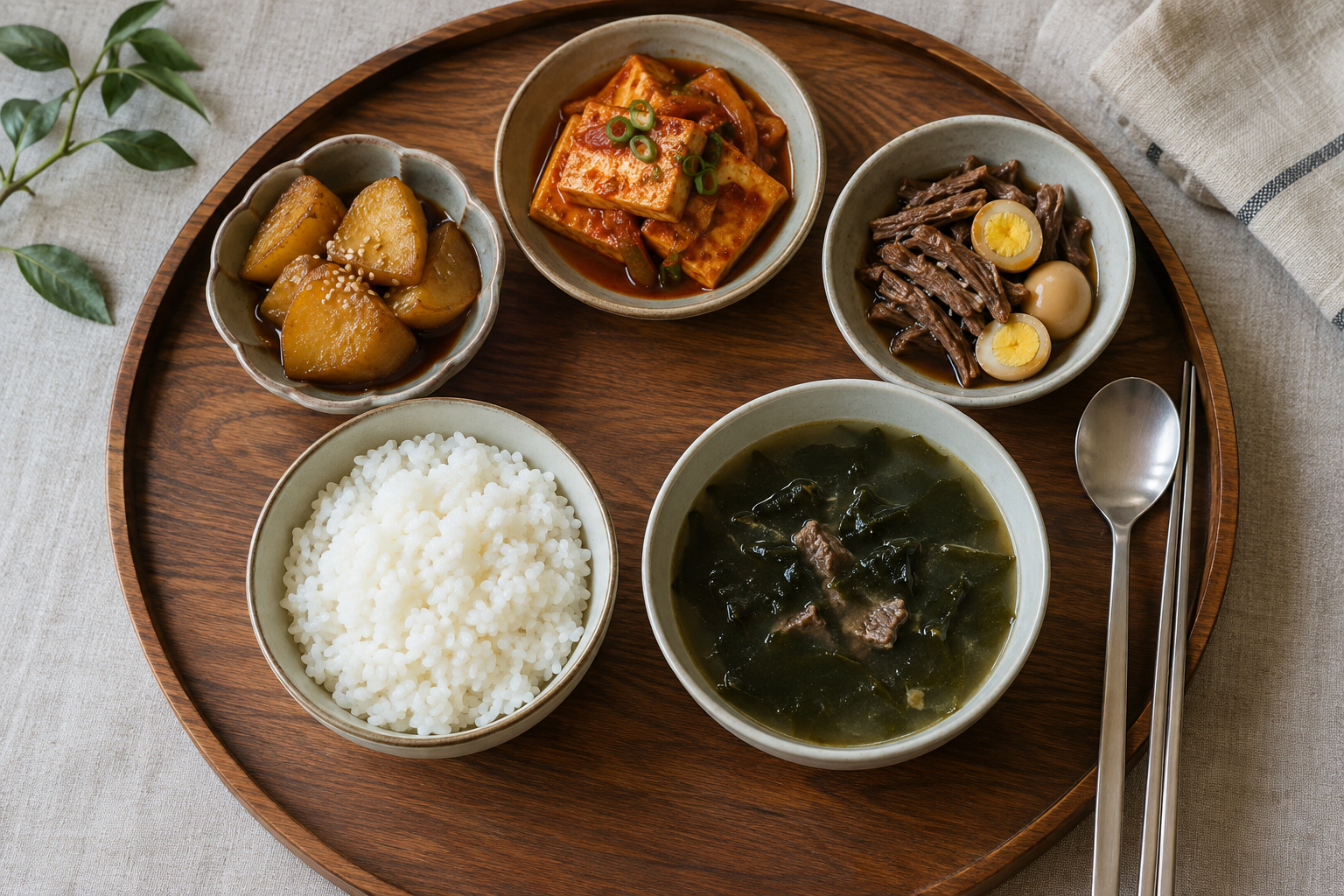 감자조림과 두부조림, 장조림을 밥과 국에 곁들인 한식 밥상