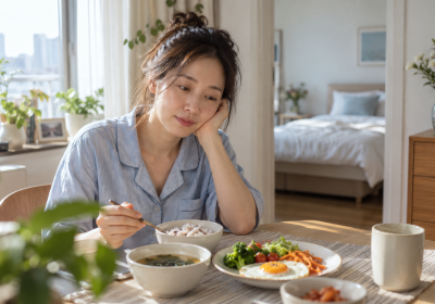 침실이 보이는 아파트 식탁에서 아침 식사를 앞에 두고 앉아 있는 여성