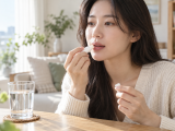밝은 실내에서 자극이 적은 립밤을 입술에 부드럽게 바르는 한국인 여성