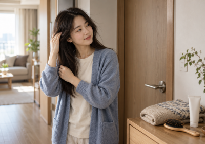 문손잡이 옆에서 머리카락을 정돈하는 여성과 니트·빗·핸드크림