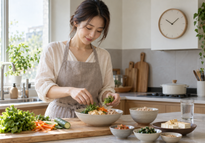 밝은 주방에서 시계와 물을 곁에 두고 균형 잡힌 한식을 준비하는 한국 성인