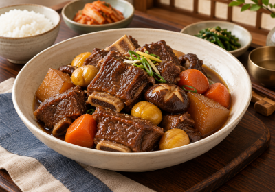 무와 당근, 표고버섯과 밤을 곁들여 윤기 있게 완성한 소갈비찜
