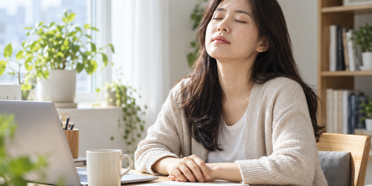 밝은 집 안 책상에서 작업을 멈추고 눈을 감아 쉬는 한국인 여성