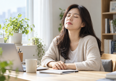 밝은 집 안 책상에서 작업을 멈추고 눈을 감아 쉬는 한국인 여성