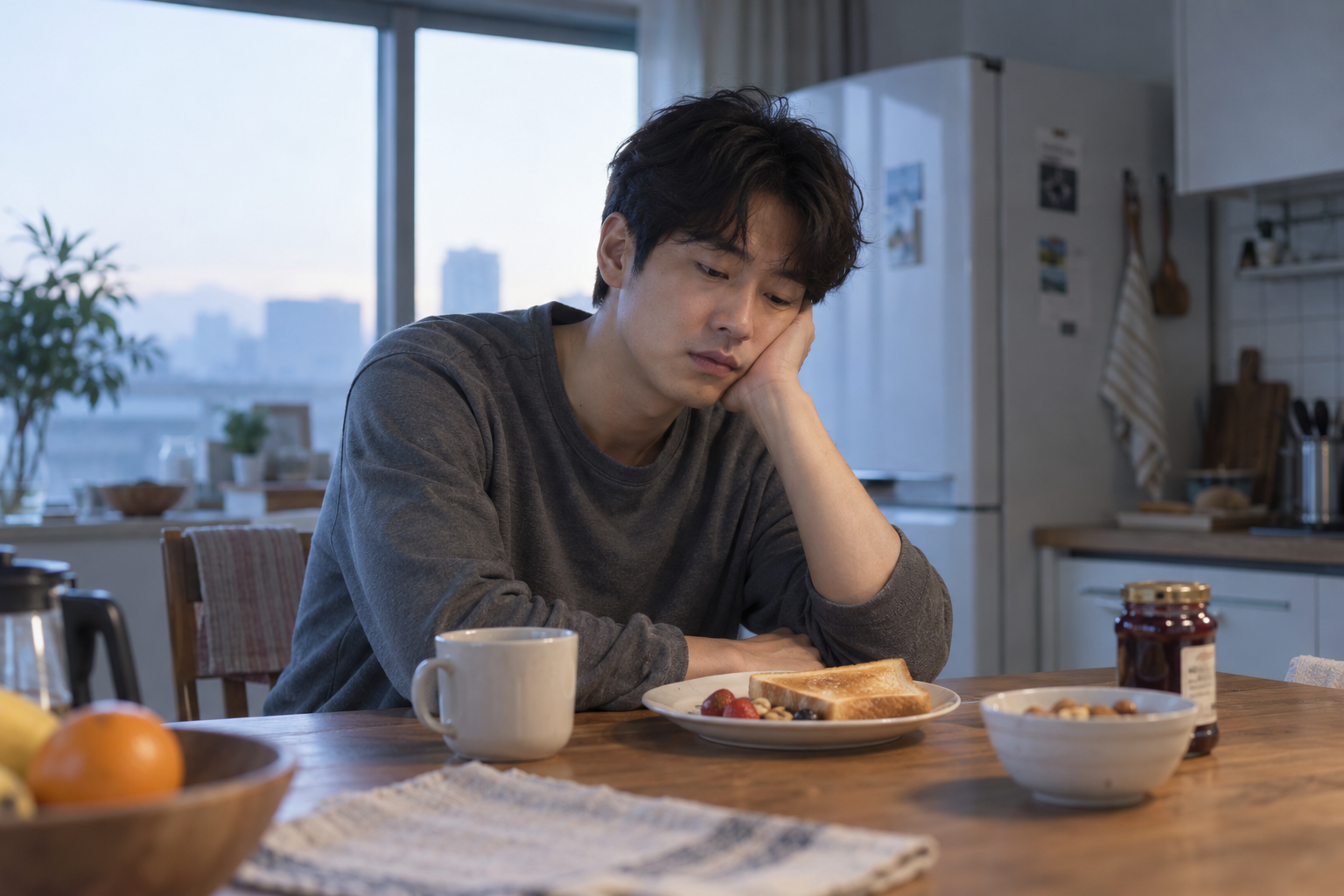 아침 식탁에서 한 손으로 얼굴을 받친 피곤한 표정의 남성