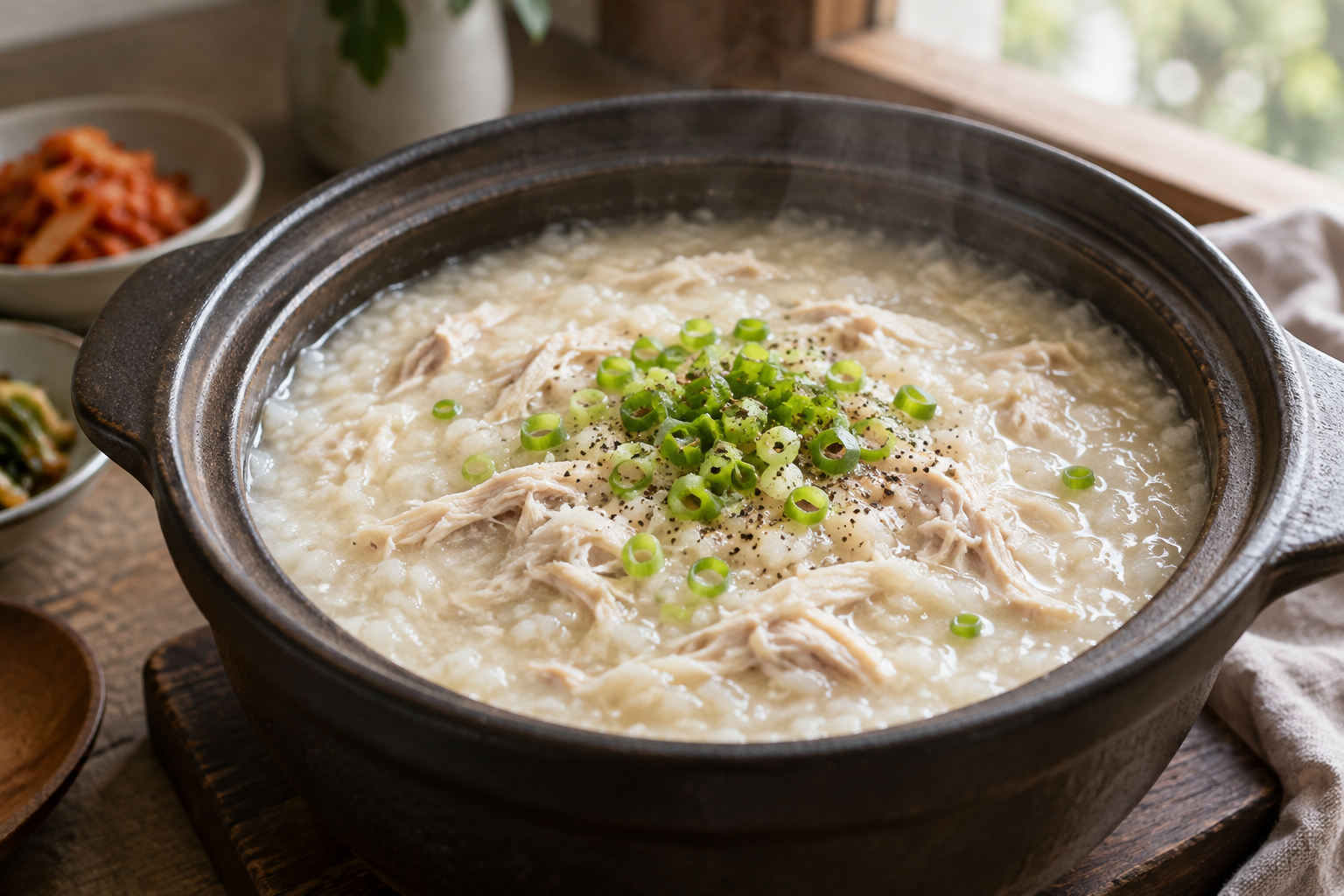 냄비 안에서 쌀알이 부드럽게 퍼진 닭죽
