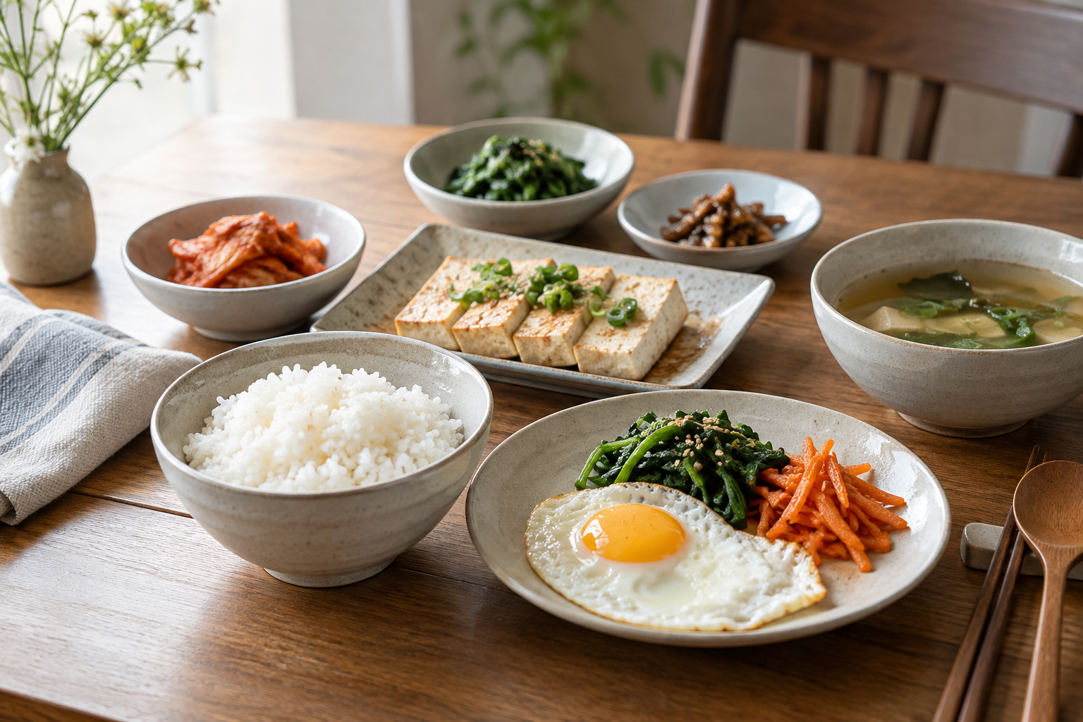 달걀과 두부, 채소, 밥으로 구성한 한국식 아침 식사
