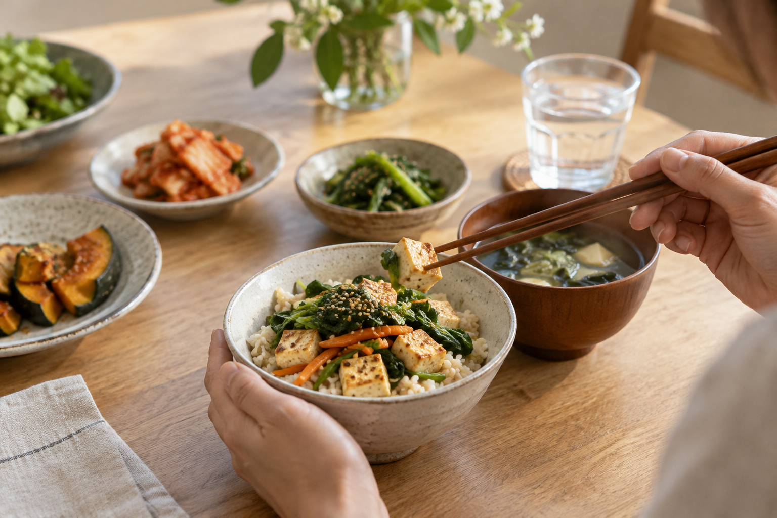 밥과 두부, 채소 반찬을 곁들인 한 끼
