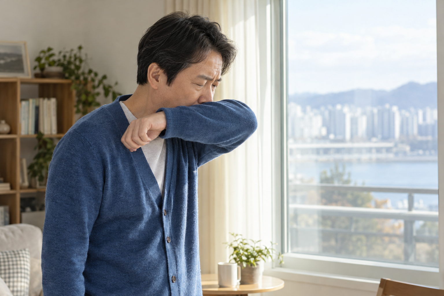 창가에서 옷소매로 입을 가리고 기침하는 남성