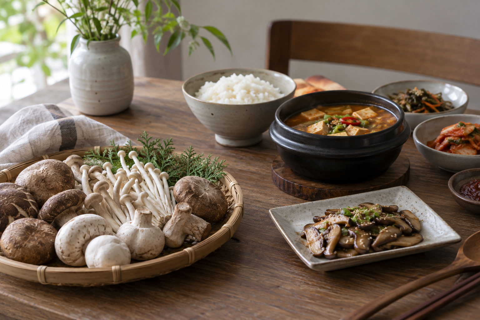 신선한 버섯과 버섯볶음, 두부찌개, 밥이 놓인 한식 밥상