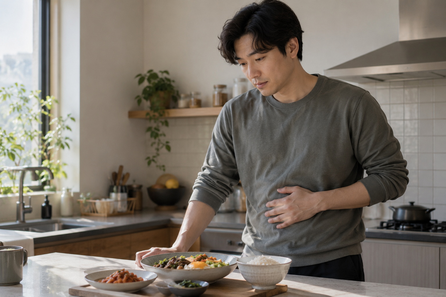 준비된 식사 앞에서 배에 손을 얹고 몸의 느낌을 살피는 남성