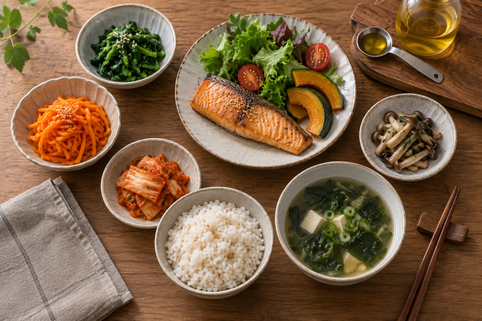 밥과 생선, 나물로 구성한 한식 식사와 소량의 식용유